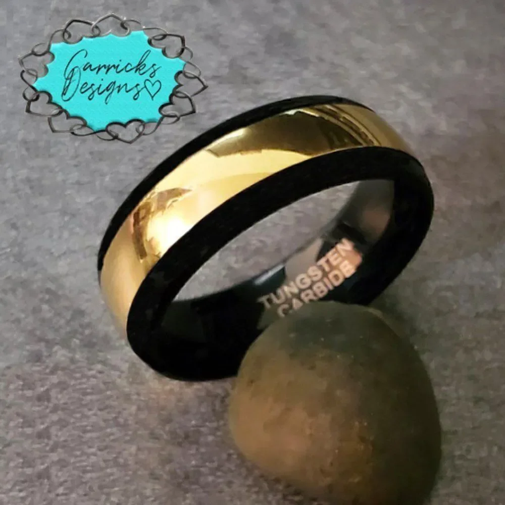Personalized Engraved Engraved Men's 14K Gold and Black Tungsten Wedding Ring